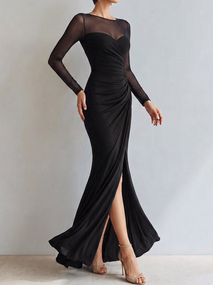 Mesh Illusion Neck Ruched Slit Maxi Prom Dress