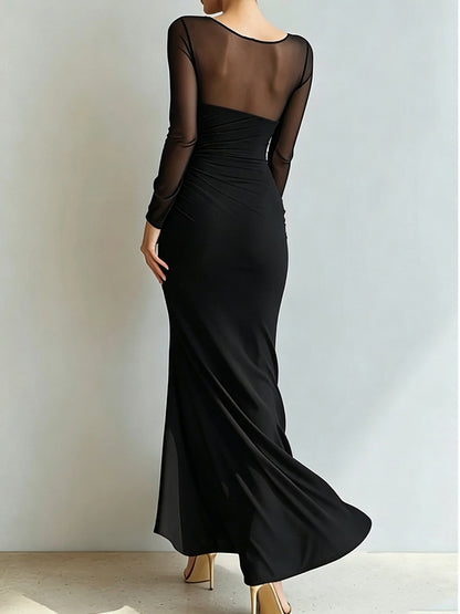 Mesh Illusion Neck Ruched Slit Maxi Prom Dress