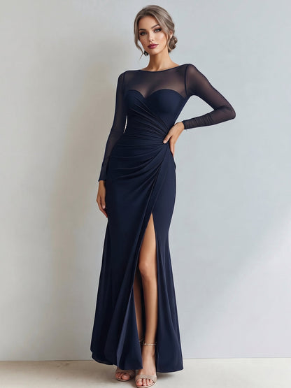 Mesh Illusion Neck Ruched Slit Maxi Prom Dress