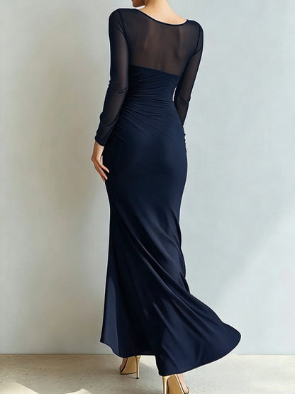 Mesh Illusion Neck Ruched Slit Maxi Prom Dress