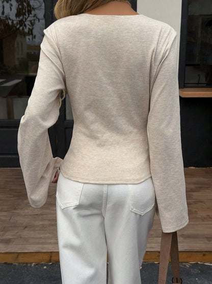 V Neck Long Bell Sleeves Slim Fit Knit Top