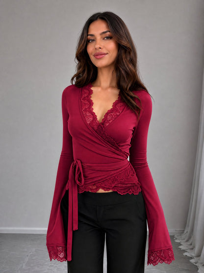 Lace Trim Long Sleeves Lace-Up Wrap Blouse