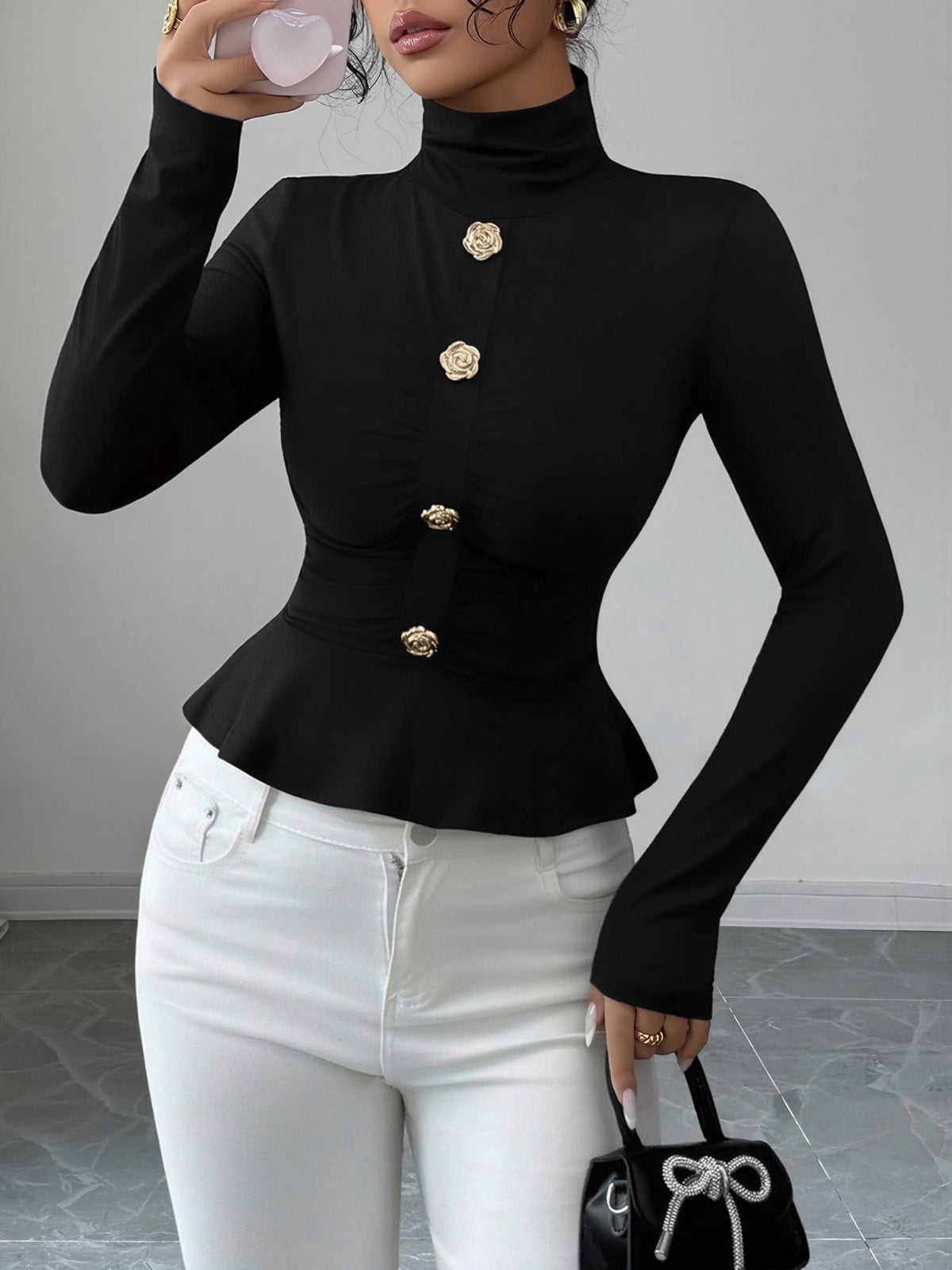 Mock Neck Long Sleeves Peplum Blouse