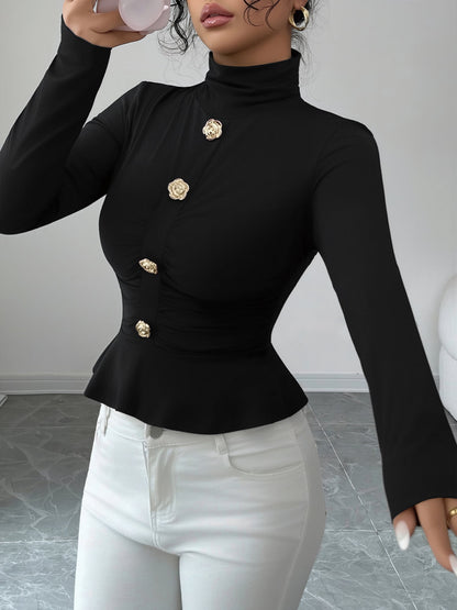 Mock Neck Long Sleeves Peplum Blouse