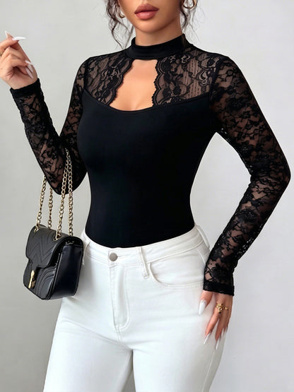 Mock Neck Lace Patchwork Long Sleeves Blouse
