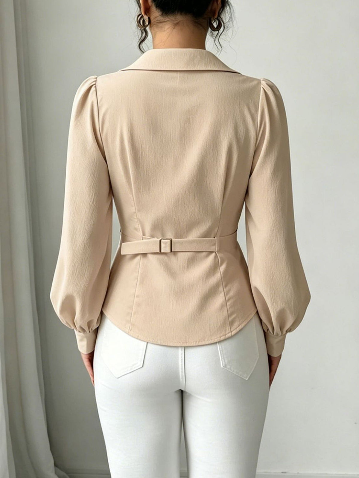 V Neck Puff Sleeves Ruched Cinched Waist Blouse