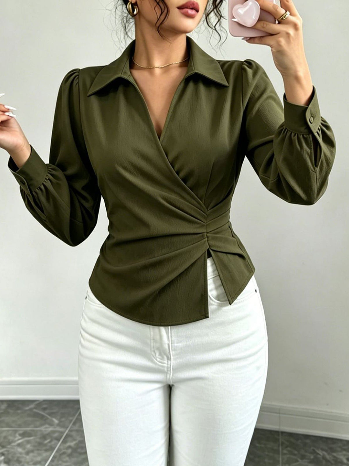 V Neck Puff Sleeves Ruched Cinched Waist Blouse