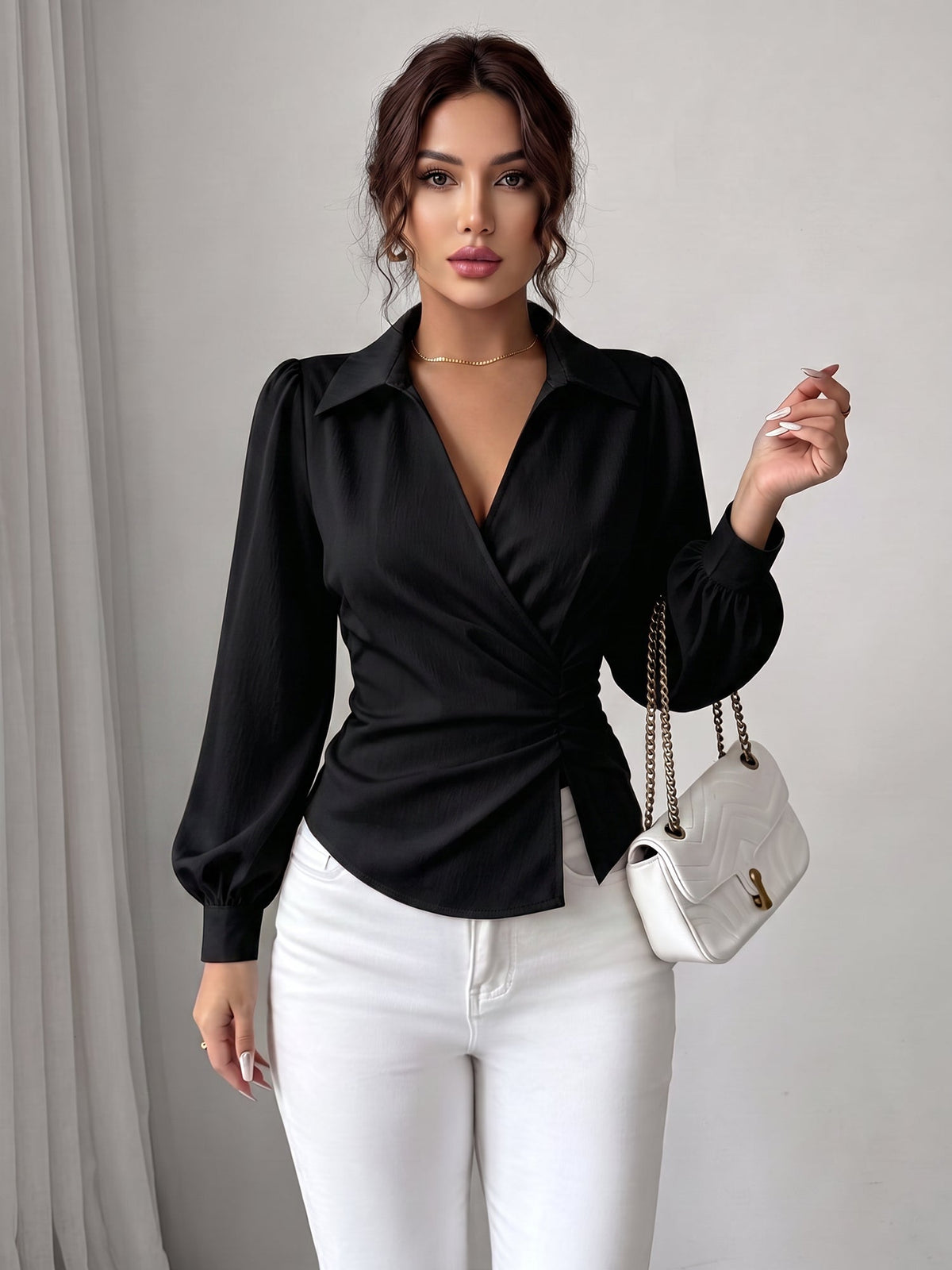 V Neck Puff Sleeves Ruched Cinched Waist Blouse