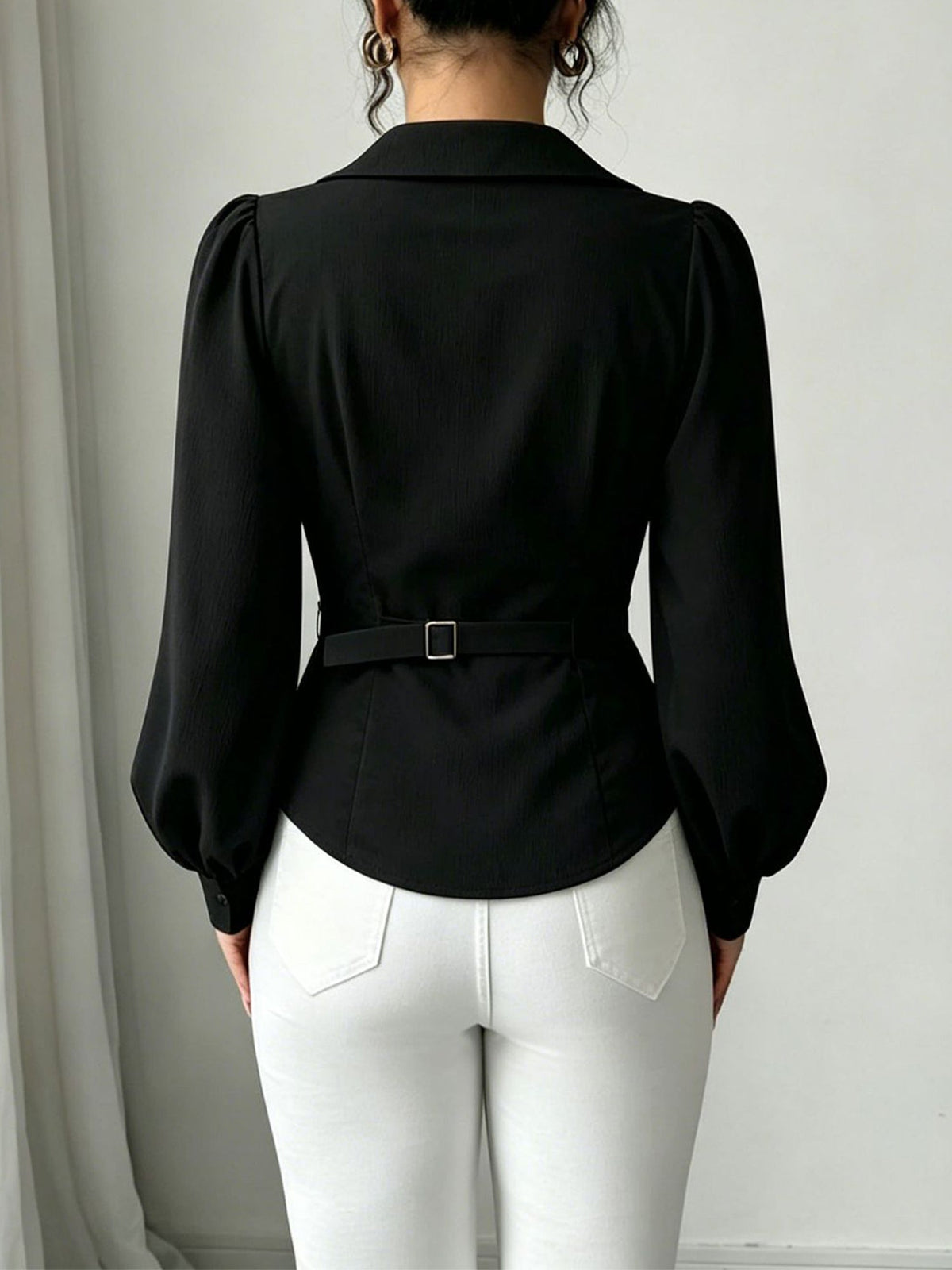 V Neck Puff Sleeves Ruched Cinched Waist Blouse