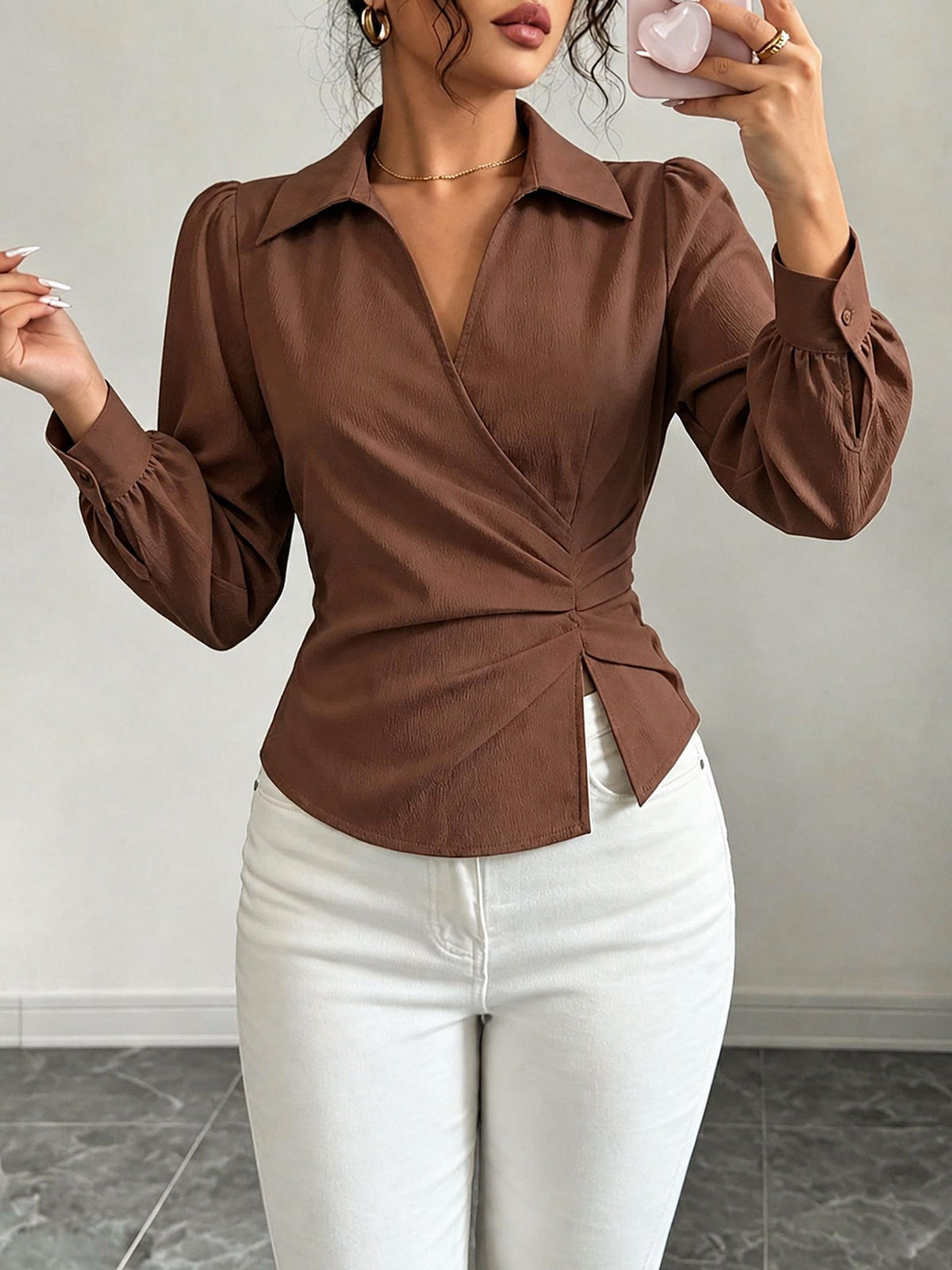 V Neck Puff Sleeves Ruched Cinched Waist Blouse