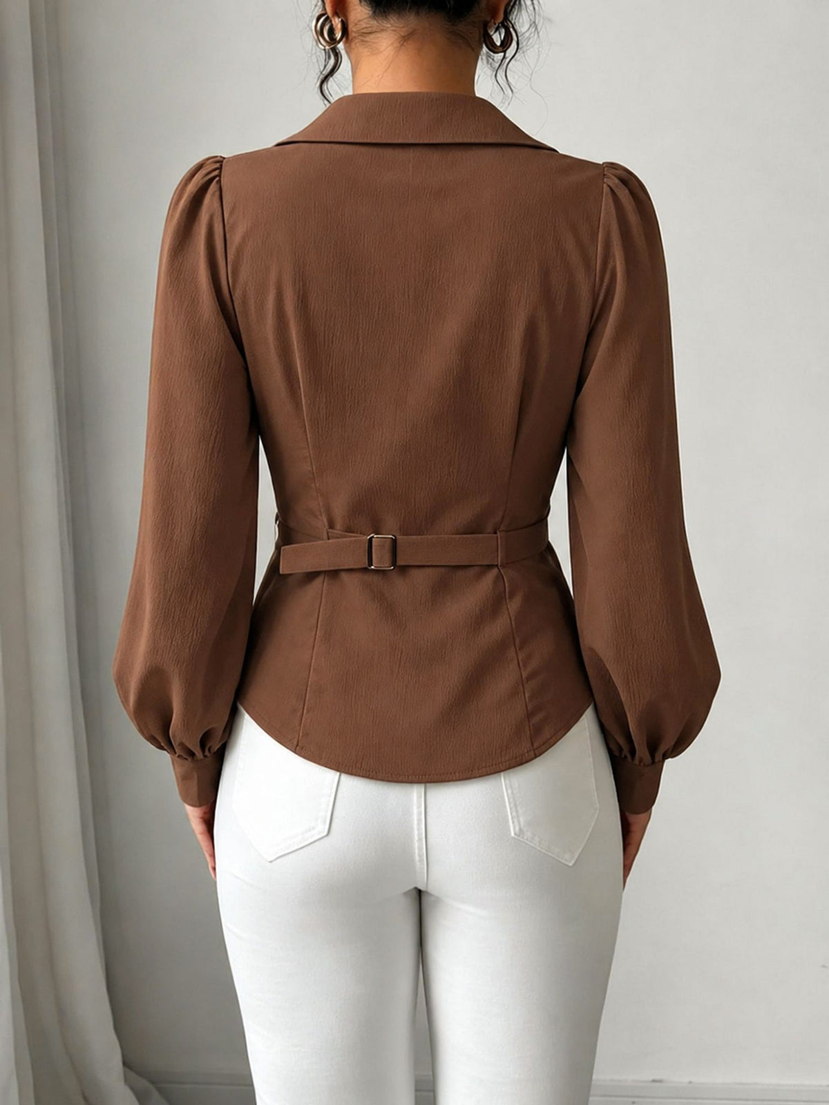 V Neck Puff Sleeves Ruched Cinched Waist Blouse