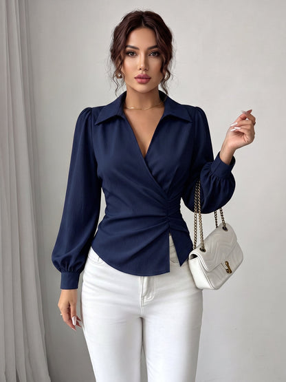 V Neck Puff Sleeves Ruched Cinched Waist Blouse