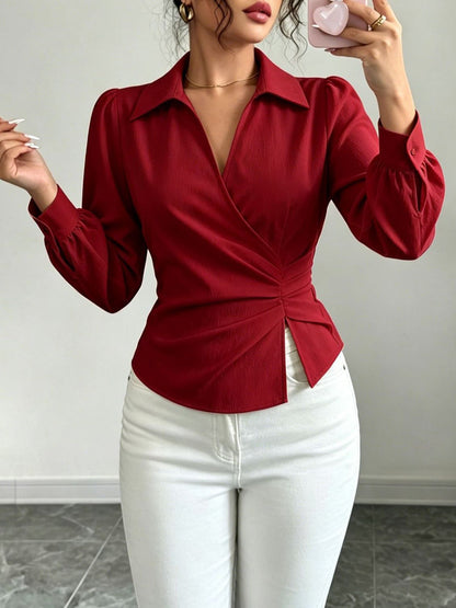 V Neck Puff Sleeves Ruched Cinched Waist Blouse