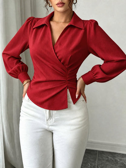V Neck Puff Sleeves Ruched Cinched Waist Blouse