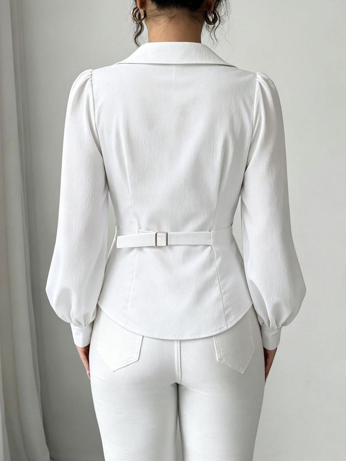 V Neck Puff Sleeves Ruched Cinched Waist Blouse