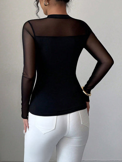 Mock Neck Mesh Sheer Long Sleeves Blouse
