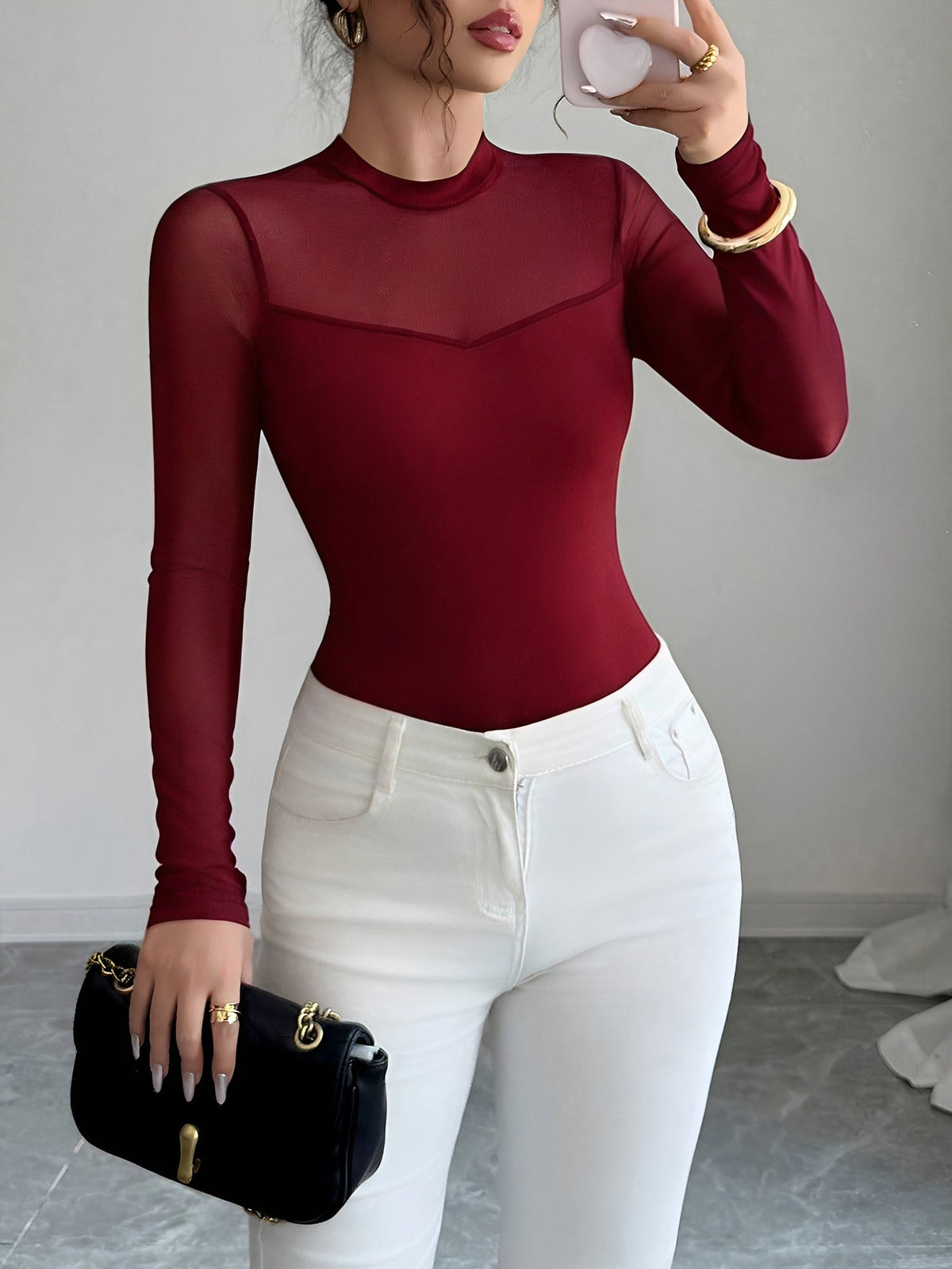 Mock Neck Mesh Sheer Long Sleeves Blouse