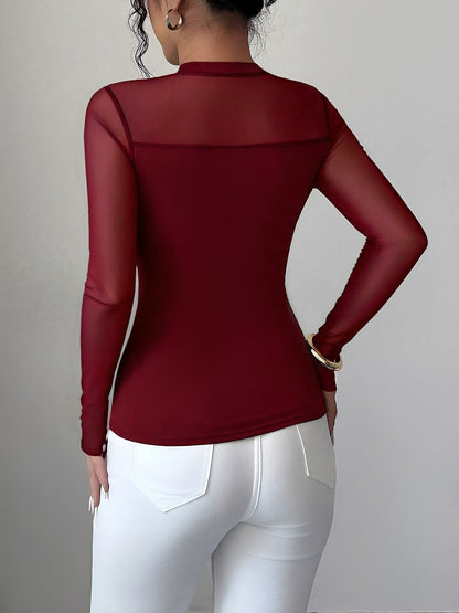 Mock Neck Mesh Sheer Long Sleeves Blouse