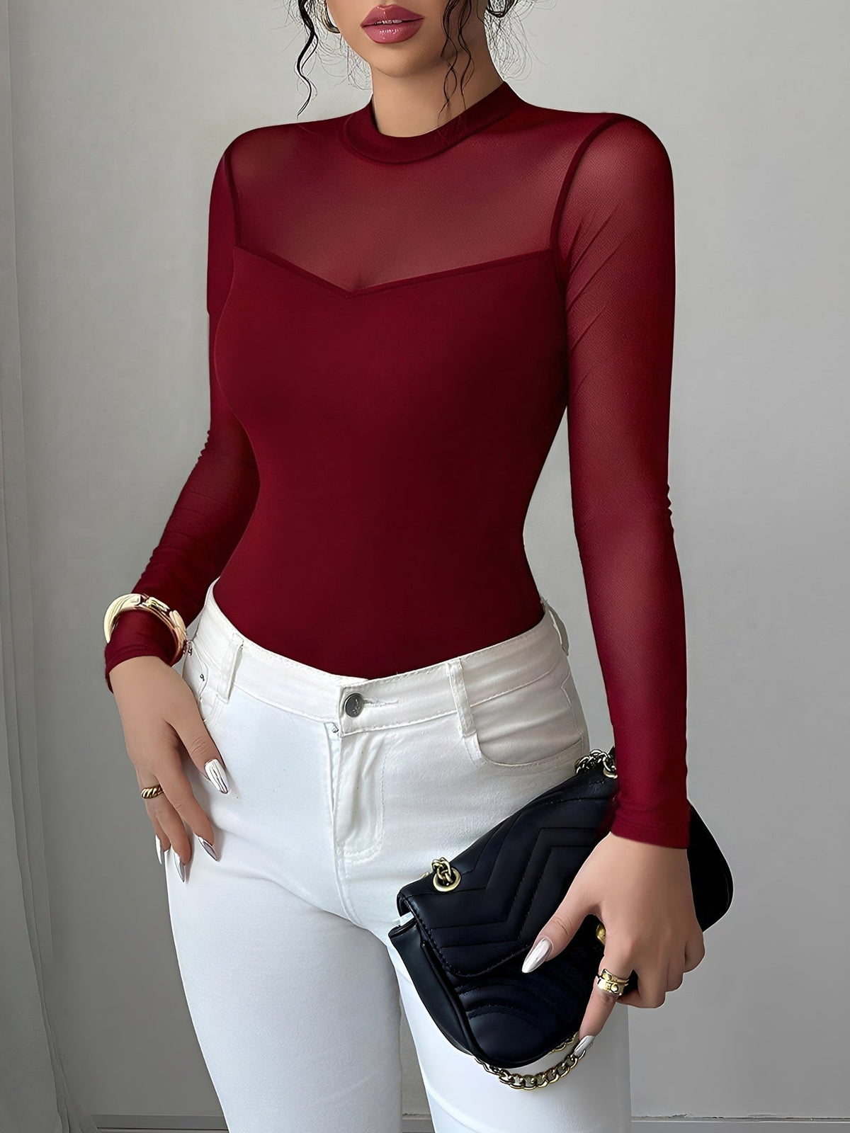 Mock Neck Mesh Sheer Long Sleeves Blouse