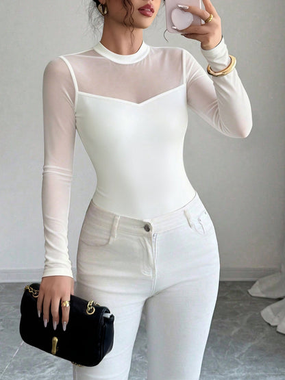 Mock Neck Mesh Sheer Long Sleeves Blouse