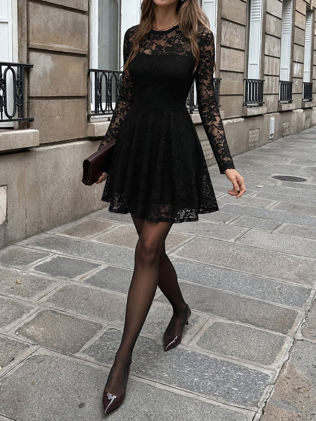 Lace Sheer Illusion Neck Mini A-Line Dress