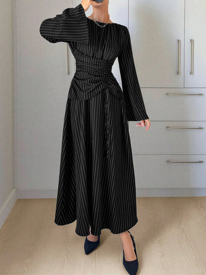 Vertical Striped Long Sleeve Smocked Waist Maxi Dress