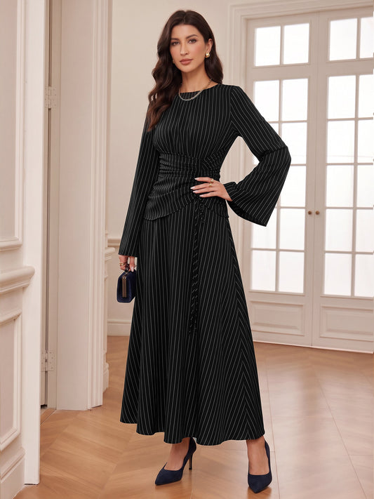 Vertical Striped Long Sleeve Smocked Waist Maxi Dress
