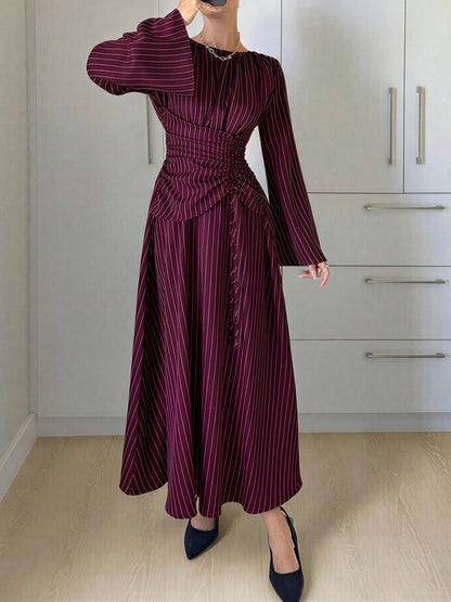 Vertical Striped Long Sleeve Smocked Waist Maxi Dress