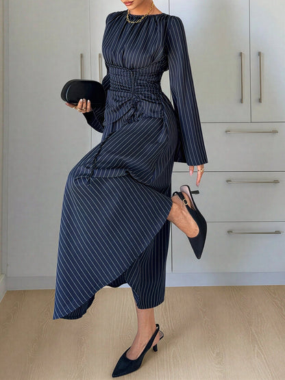 Vertical Striped Long Sleeve Smocked Waist Maxi Dress