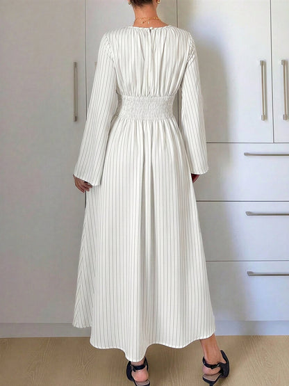 Vertical Striped Long Sleeve Smocked Waist Maxi Dress