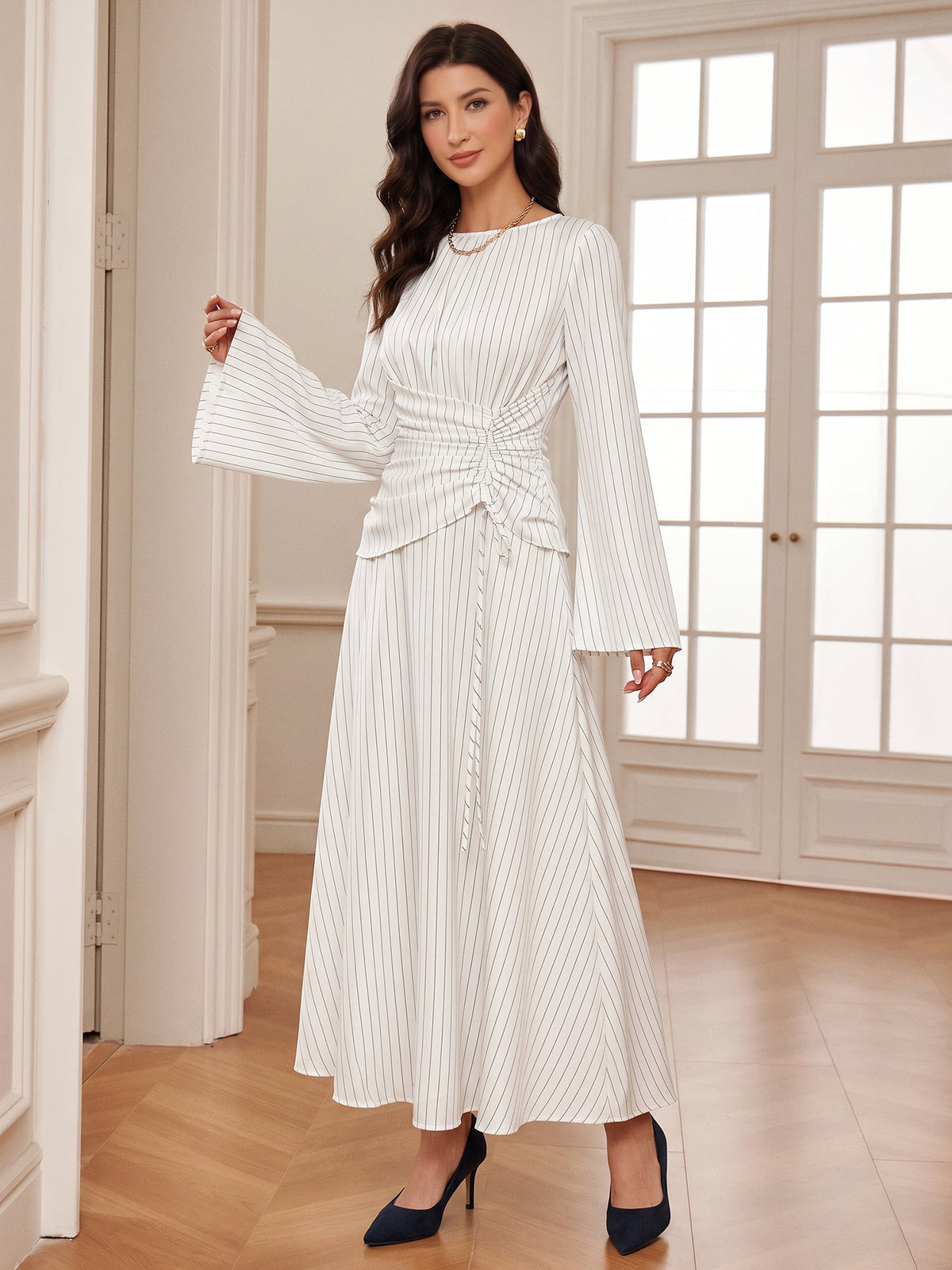 Vertical Striped Long Sleeve Smocked Waist Maxi Dress