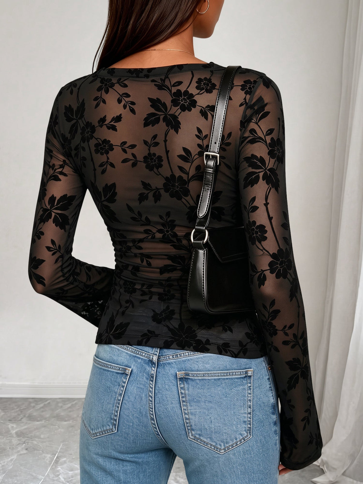 Boat Neck Floral Bell Sleeves Mesh Blouse