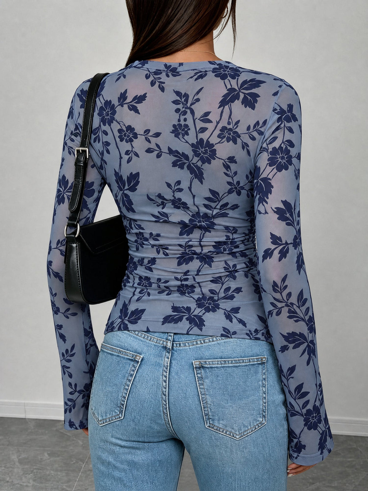 Boat Neck Floral Bell Sleeves Mesh Blouse