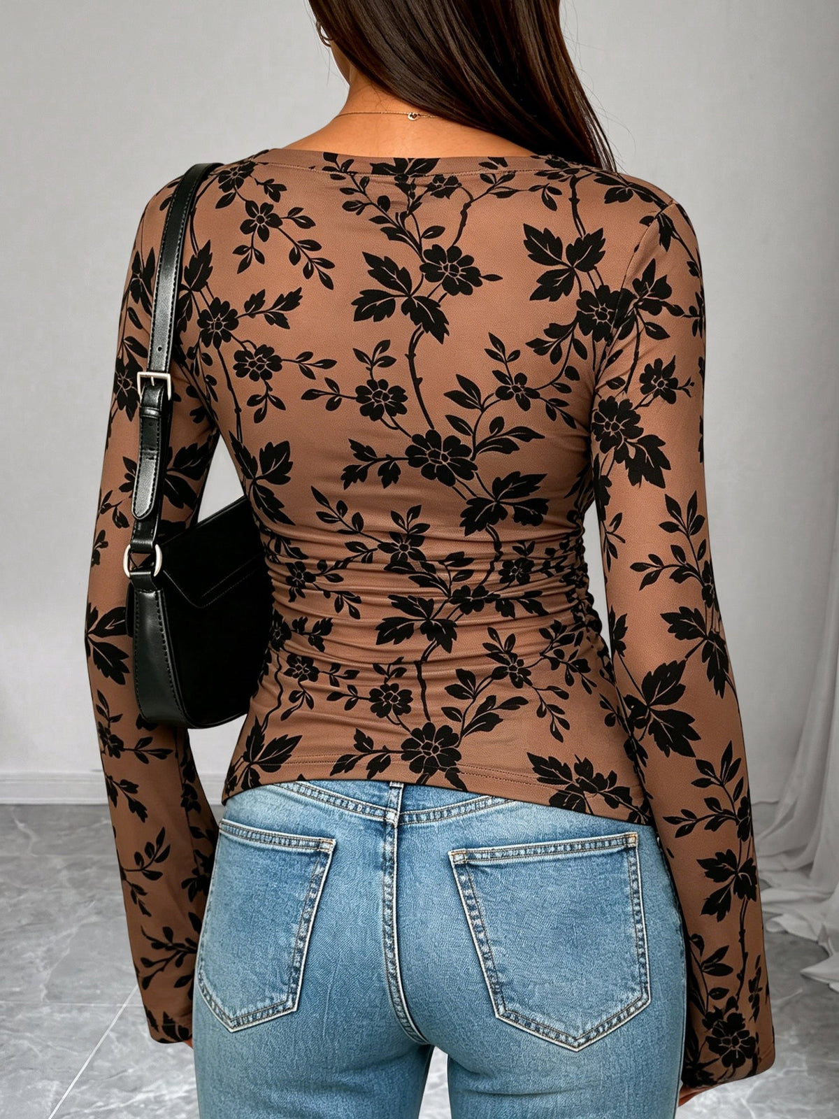 Boat Neck Floral Bell Sleeves Mesh Blouse