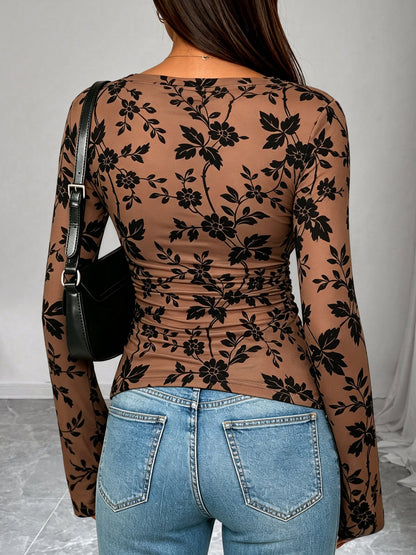 Boat Neck Floral Bell Sleeves Mesh Blouse