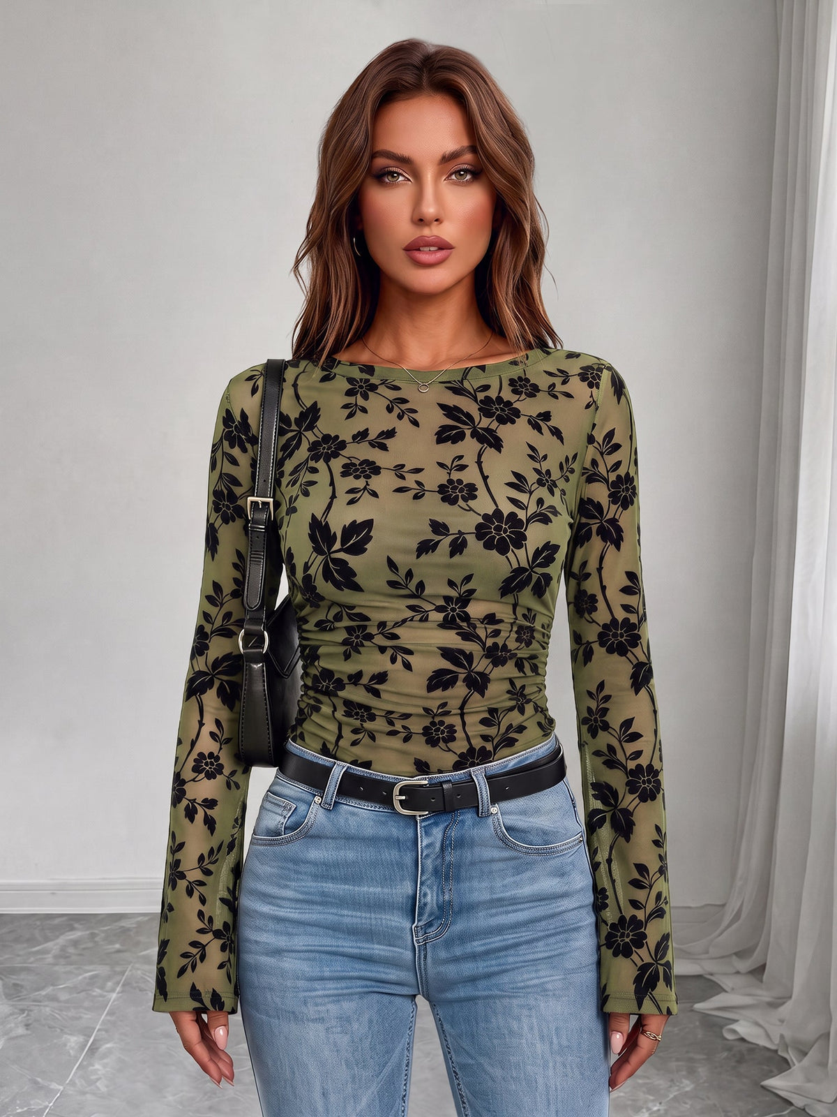 Boat Neck Floral Bell Sleeves Mesh Blouse