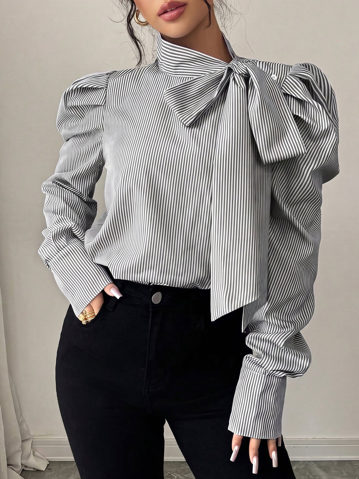 Vertical Striped Lace-Up Bow Collar Puff Sleeves Blouse
