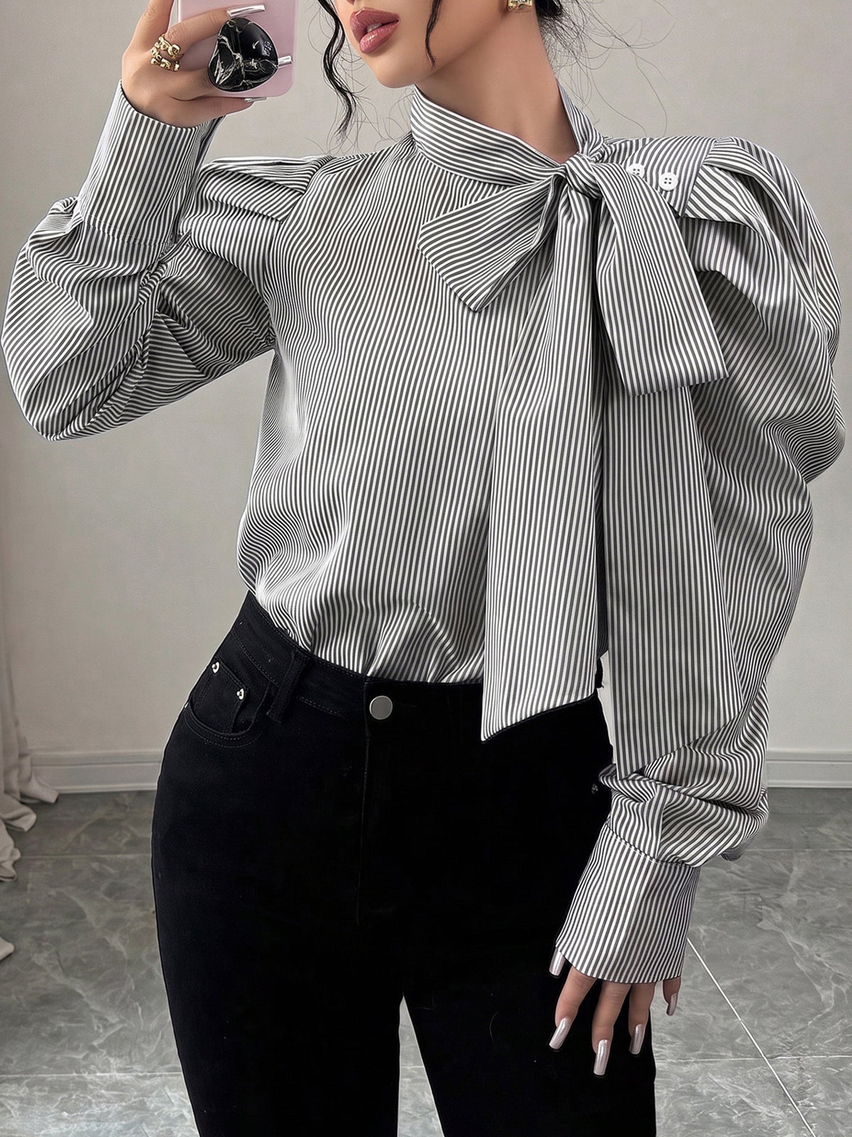 Vertical Striped Lace-Up Bow Collar Puff Sleeves Blouse