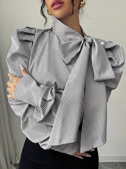 Vertical Striped Lace-Up Bow Collar Puff Sleeves Blouse