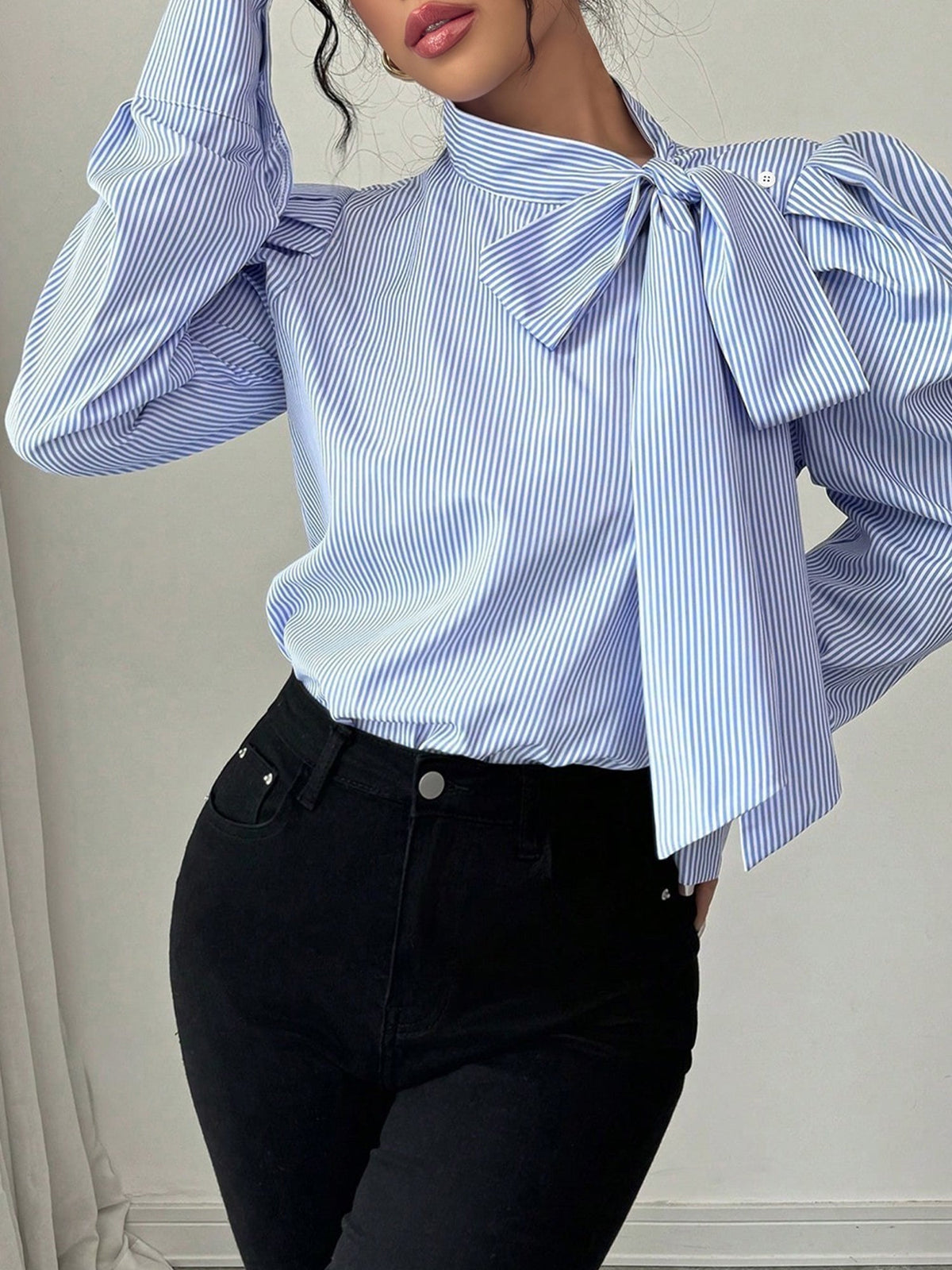 Vertical Striped Lace-Up Bow Collar Puff Sleeves Blouse