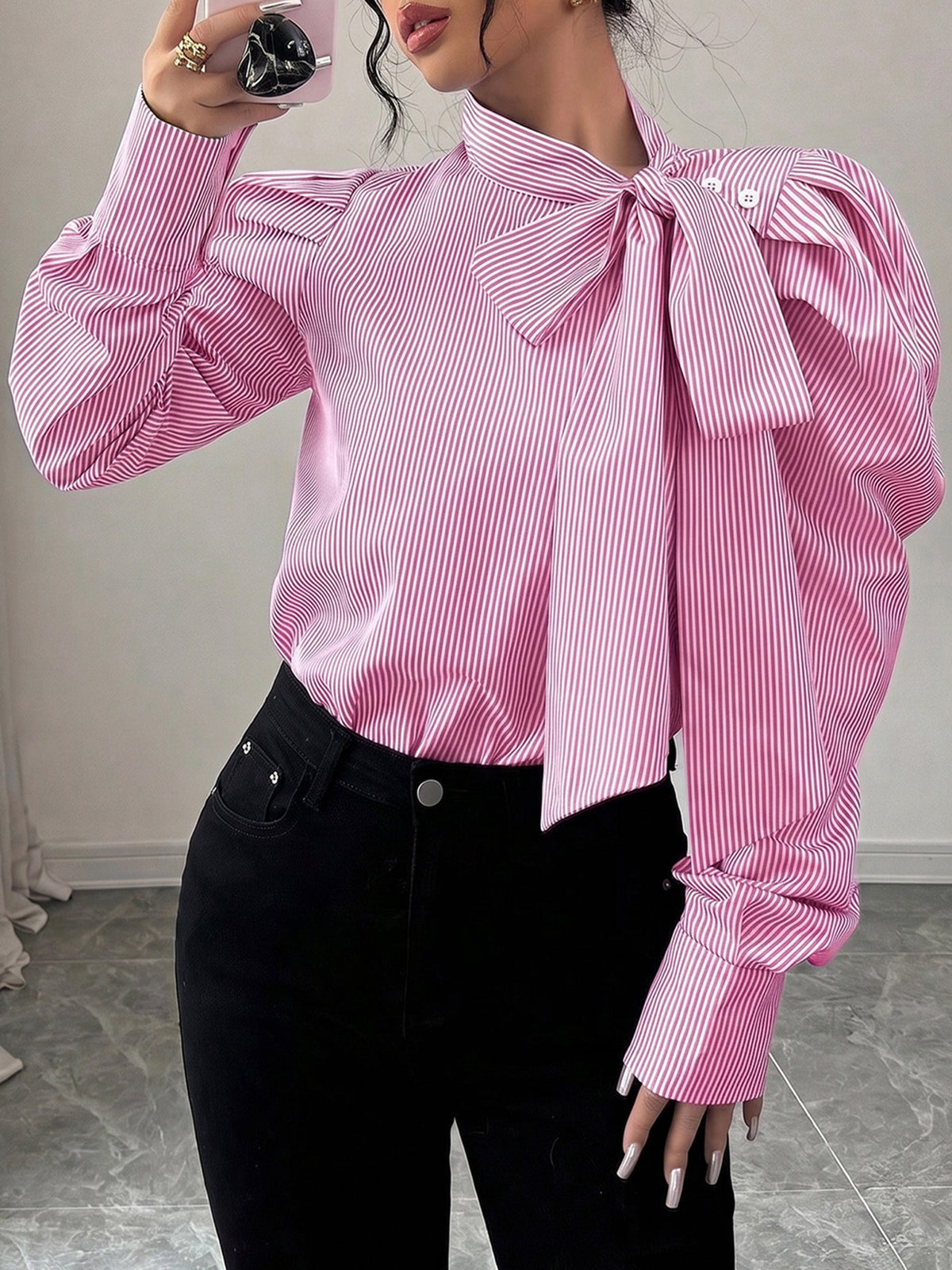 Vertical Striped Lace-Up Bow Collar Puff Sleeves Blouse