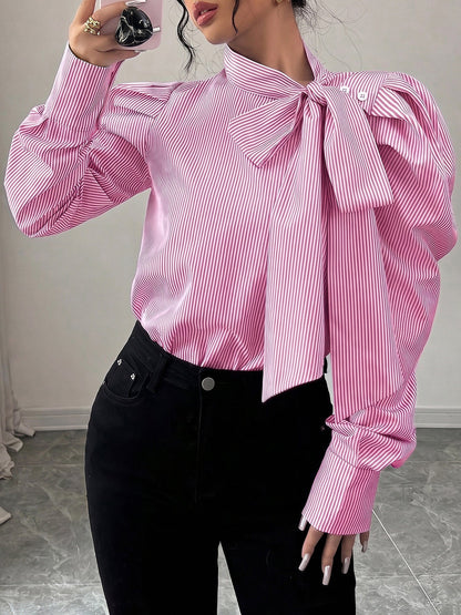 Vertical Striped Lace-Up Bow Collar Puff Sleeves Blouse