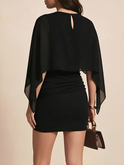 Cape Sleeves Ruched Bodycon Mini Dress
