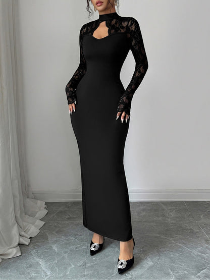 Mock Neck Keyhole Lace Bodycon Slit Dress