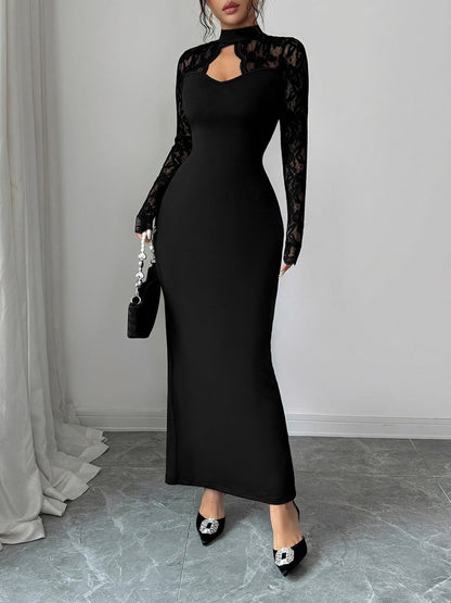 Mock Neck Keyhole Lace Bodycon Slit Dress