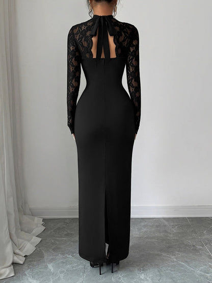 Mock Neck Keyhole Lace Bodycon Slit Dress