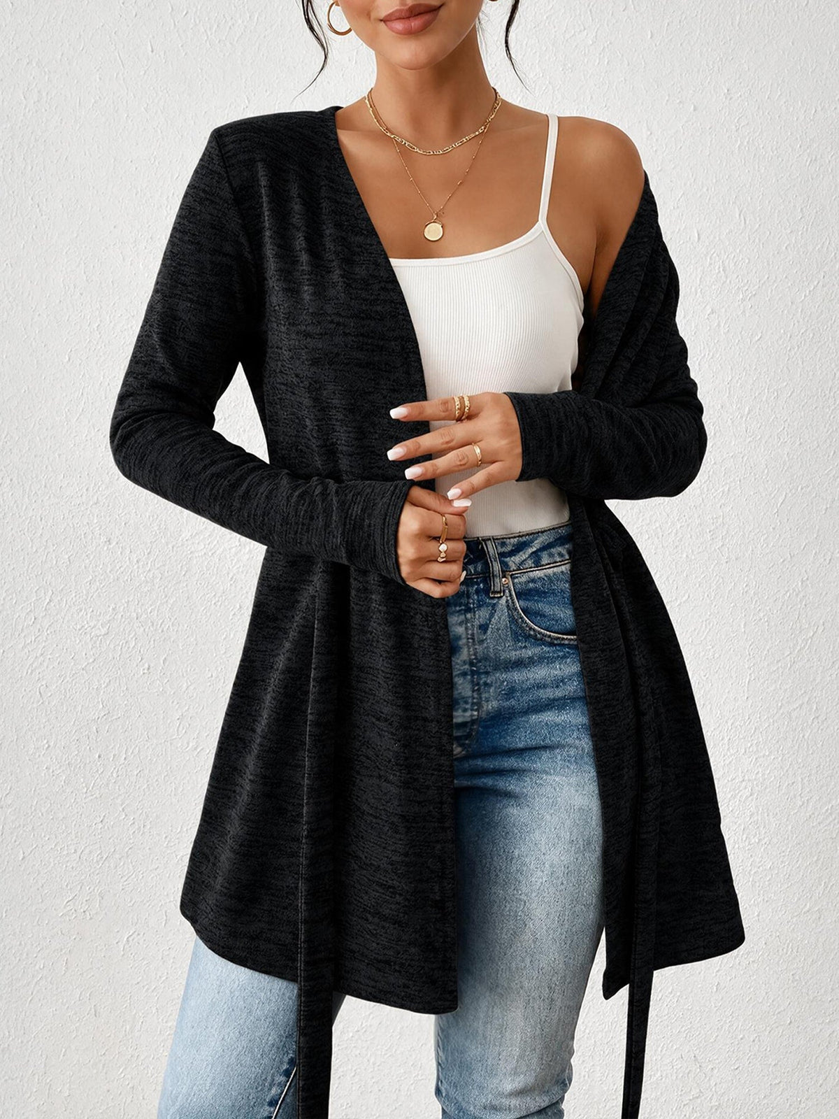 Long Sleeves Lace-Up Open Front Casual Jacket