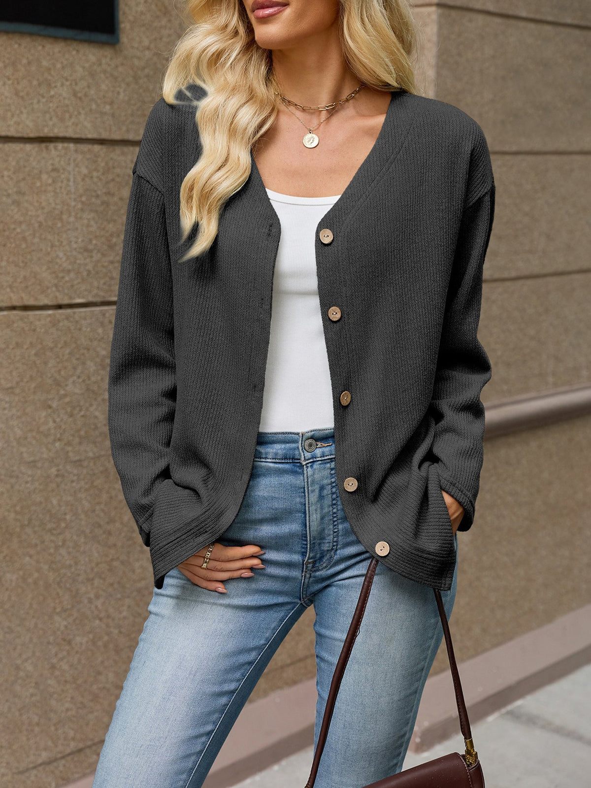Solid Color V Neck Loose Long Sleeves Button Cardigan