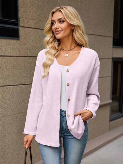 Solid Color V Neck Loose Long Sleeves Button Cardigan