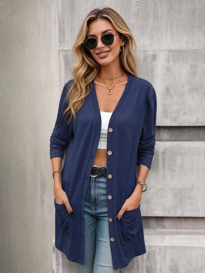Solid Color Long Sleeve Loose Button Pocket Cardigan